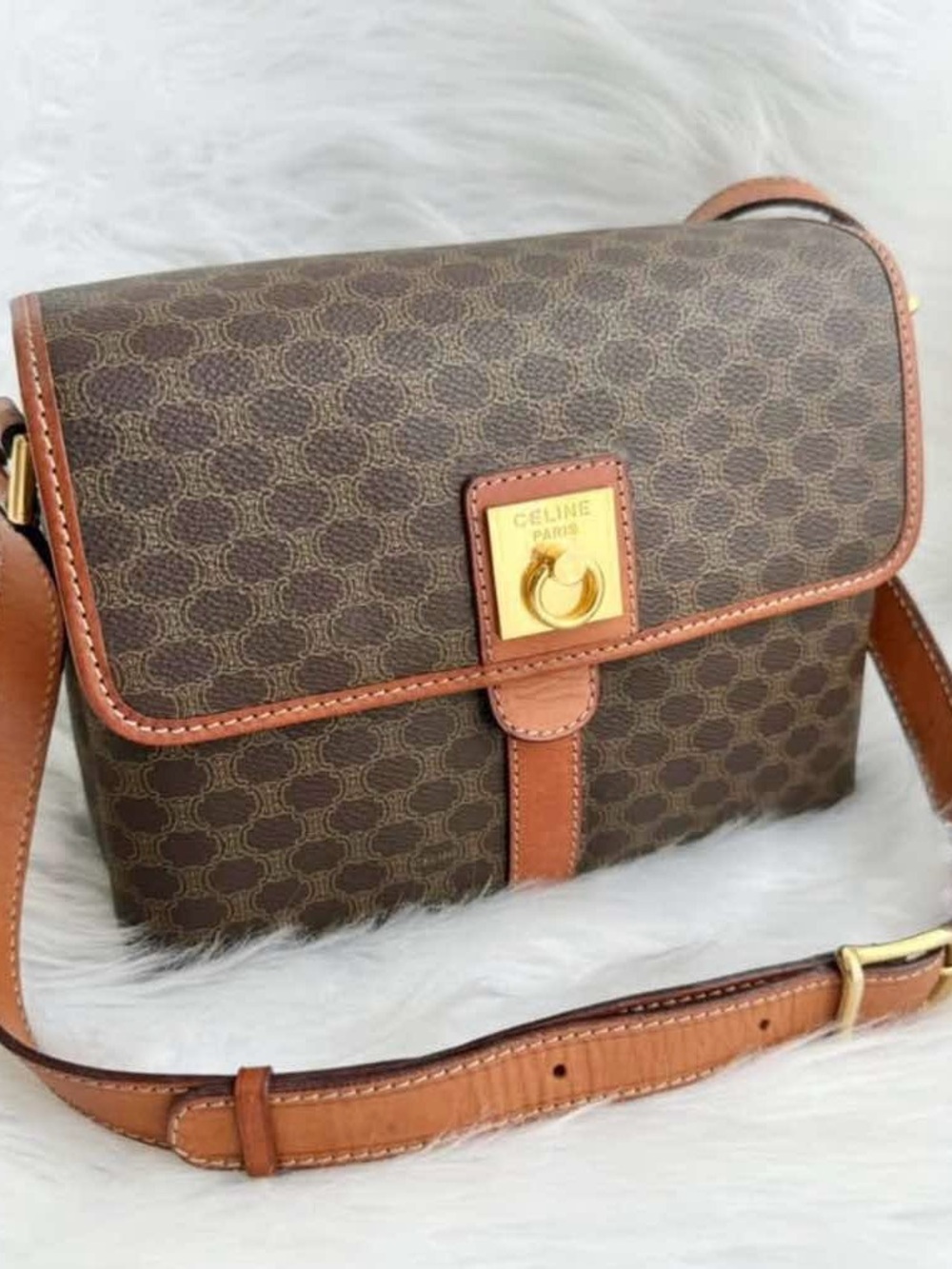 Celine Brown Macadam Canvas Crossbody with Tan Leather Trim and Gold Hardware